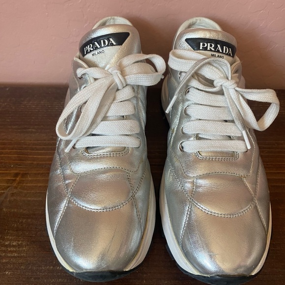 Prada Shoes - Prada Metallic Silver Lace-Up Sneakers